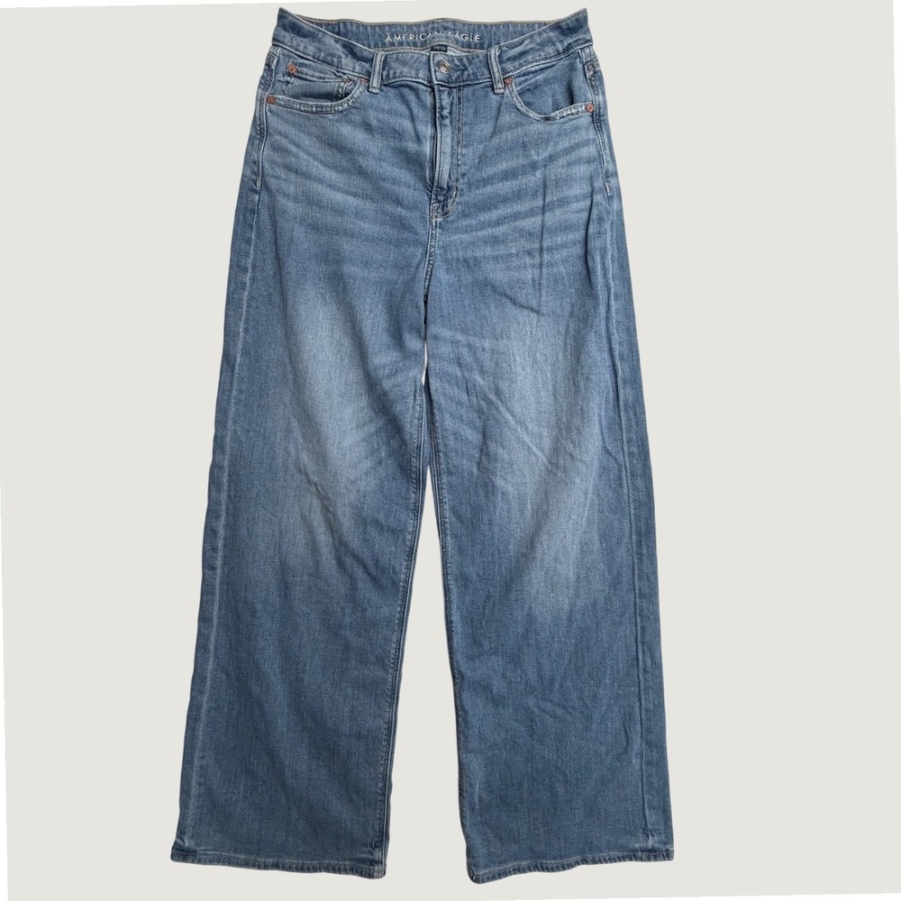 American Eagle Dreamy Drape Jeans Womens 8 Long Wide Leg High Rise Light Wash
